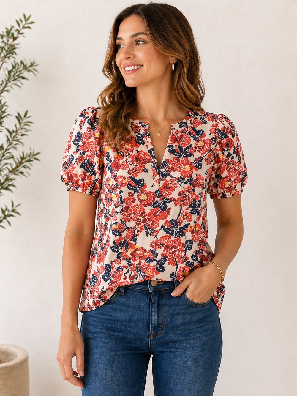 Avara VOY Floral Puff Sleeve Blouse NWT Small Boutique Top